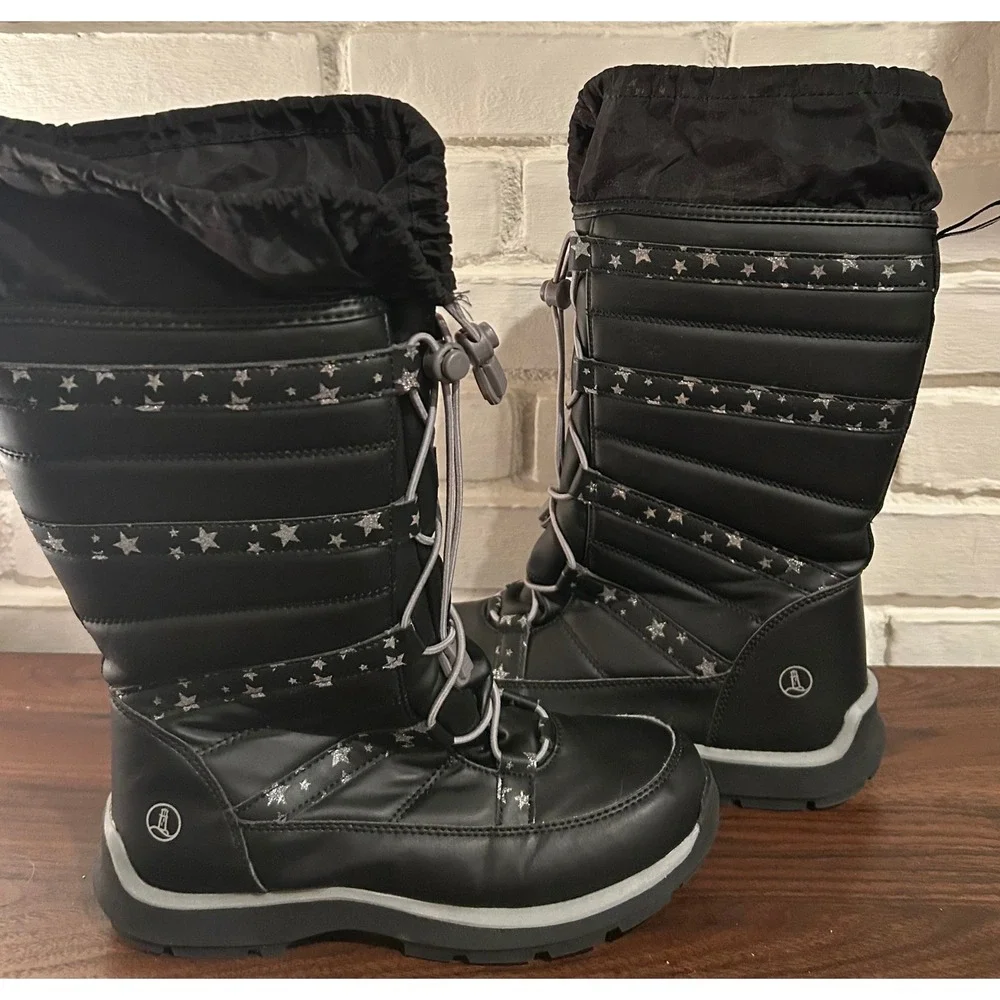 Lands End Youth Stars‎ Black Winter Snow Boots Size 5M Insulated Waterproof